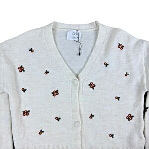 Zara Girls Cream Floral Embroidered Cardigan 13 14 Cropped V Neck Knit